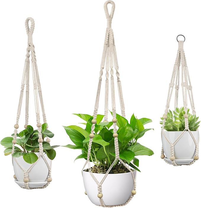 USLAI Macrame Plant Hanger Indoor Outdoor, Fits 4 to 15 Inch Pots, Strong Hanging Planter Holder, Boho Home Decor, 23+29+35 Inch, Ivory (POTS NOT Included)