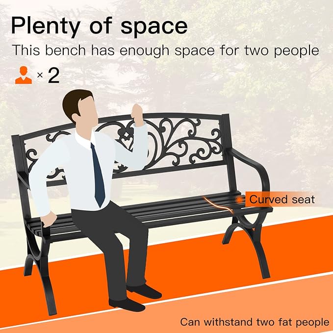 Patio Garden Bench 50 inch Outdoor Metal Loveseat Chairs with Armrests Slatted Seat and w/Floral Design Backrest for Park, Yard, Porch, Lawn, Balcony, Backyard, Black