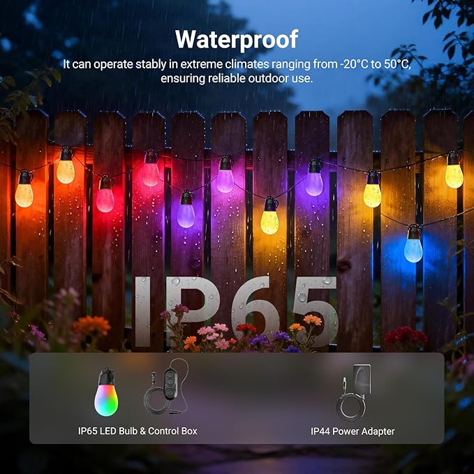 NEEWER 96ft Outdoor String Lights, App Control Smart AI RGBW Hanging Outside Warm White Patio Balcony Backyard Lighting, IP65 Waterproof, 30 LED Bulbs, 50+ Scenes, Compatible with Alexa Google, NR01