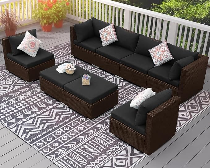 NICESOUL 8 Seater Modern Backyard Furniture Set, 29.3'' High Back Luxury Comfy Brown Wicker Patio Conversation Set with Ottoman, Deep and Wide Sofa Sectional for Exteriors, Dark Brown & Grey