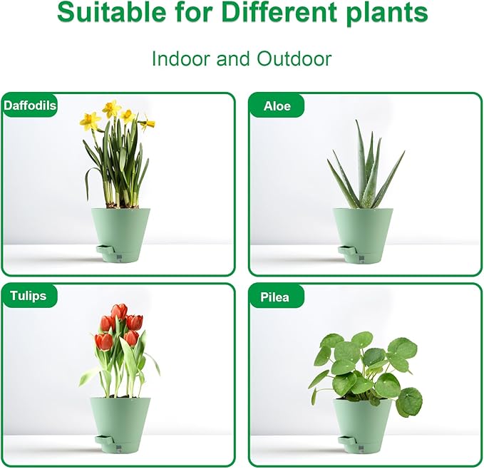 Self-Watering-Pots-for-Indoor-Plants, 8 Inch Flower Pots for Indoor Plants, 3 Packs Plastic Planters with Drainage Holes and Saucers