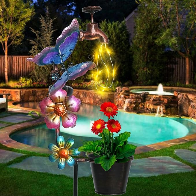 Afirst Solar Outdoor Lights Decorative - Solar Decorative Butterfly Lights Faucet Shaped Twinkling Light Garden Stake Decorations for Pathway Lawn Patio Courtyard Backyard