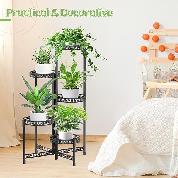 iDavosic.ly Plant Stand Indoor Outdoor, 5 Tier Corner Metal Flower Display Holder Shelf, Easy Assembly Folding Tall Orchid Rack for Patio Balcony Porch Garden Living Room House, Wrought Iron - Modern Black