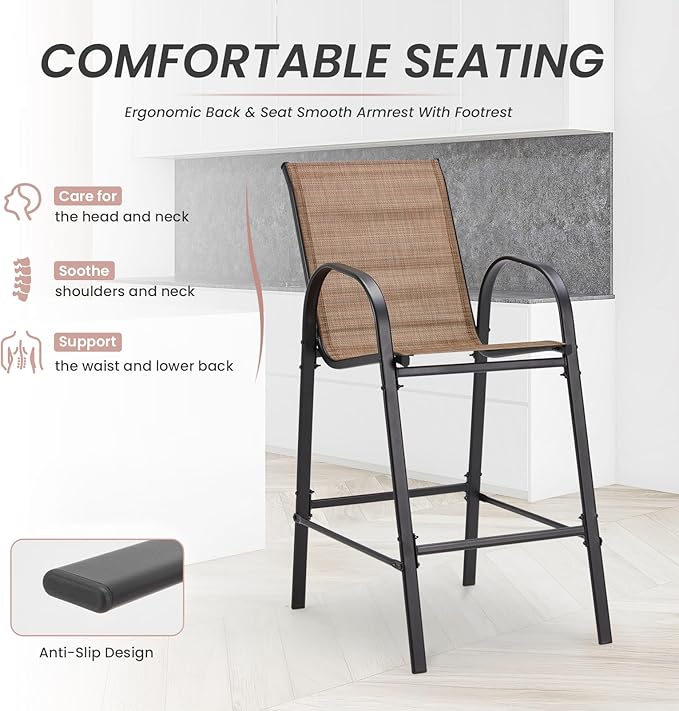 HOMREST Outdoor Bar Height Stools Set of 6,Stackable Patio Chairs with Armrests, High Back Textilene Chairs with Breathable Fabric & Metal Frame for All Weather,Brown