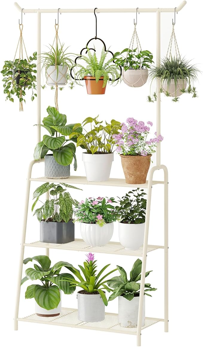 Metal Plant Stand Indoor Outdoor, 3 Tier Tall Corner Plant Shelf, Hanging Flower Ladder for Living Room, Balcony, Garden, Patio (White)
