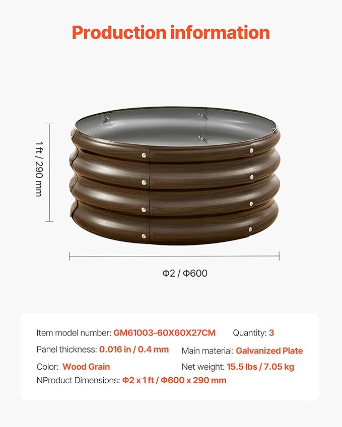 VEVOR 3 Pcs 2x2x1ft Round Galvanized Raised Garden Bed Kit, Outdoor Metal Raised Beds for Gardening Vegetables, Easy Assembly Garden Planter Box for Flowers Fruits with Open Base