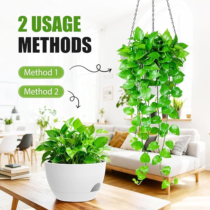 8 Inch Hanging Planters for Indoor Outdoor Plants, 4 Pack White Plastic Self Watering Hanging Baskets with Drainage Holes and Chain for Garden Porch