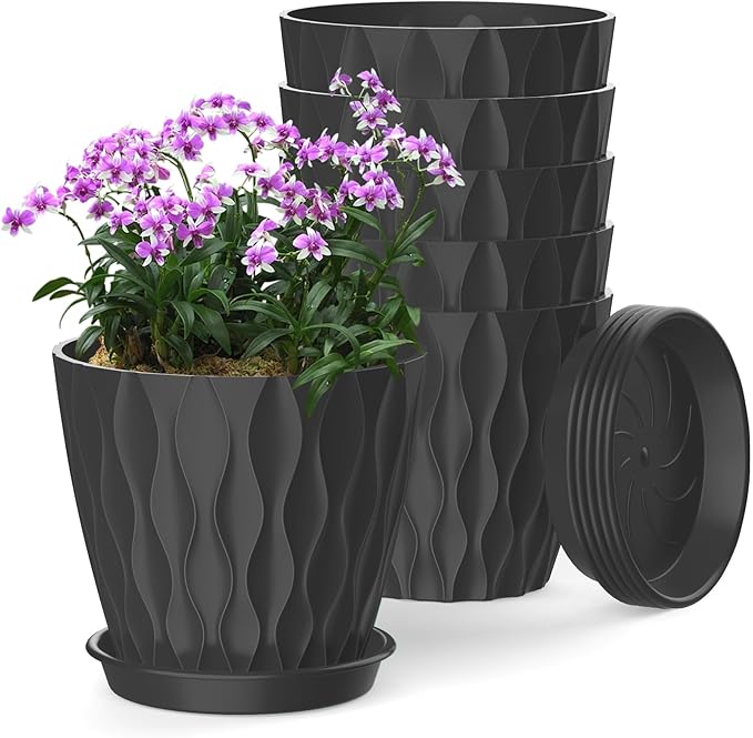 6 Inch Plant Pots, 6 Pack Indoor Flower Pots, Planters with Drainage Holes and Trays for Orchids, Violets, Succulents, Herbs, and Other Plants, Black