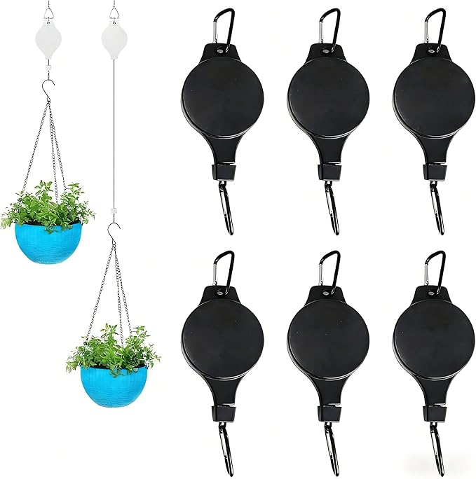 6PCS Retractable Hanging Plant Pulley Hook - Adjustable for Flower Baskets, Plant Pots, Bird Feeders（6PCS Black）