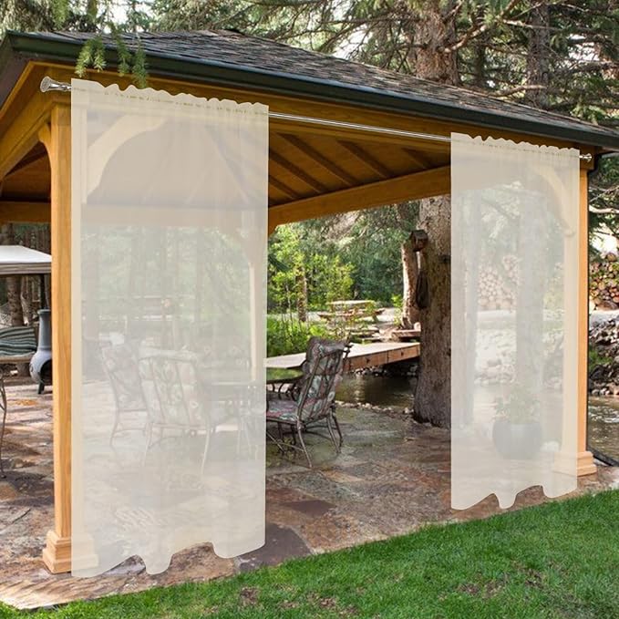 SpaceDresser Waterproof Outdoor Sheer Curtains for Patio - 2 Panels Rod Pocket Indoor Voile Sheer Curtain for Living Room,52W x 120L inch,Ivory
