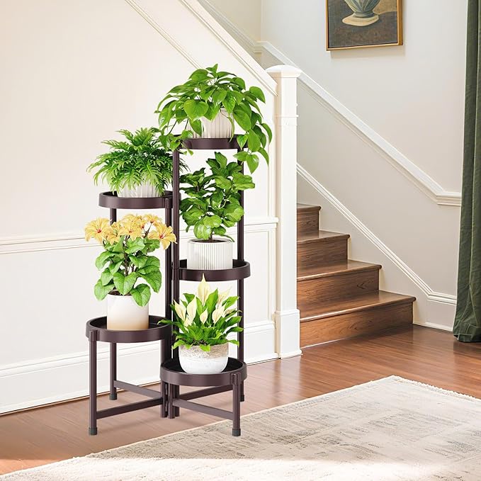 iDavosic.ly 5 Tier Folding Plant Stand Indoor Outdoor with Plastic Tray, Tiered Corner Flower Holder Shelf, Metal Orchid Display Rack for Patio Porch Living Room Garden Balcony, Bronze