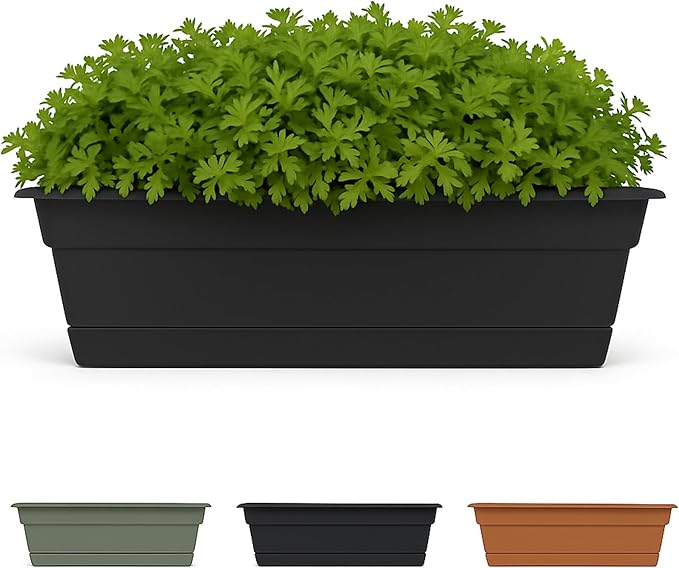 Bloem Dura Cotta Window Box Planter: 30" - Black - Large Box with Tray, Weatherproof Resin Box, Removable Tray for Indoor & Outdoor Use, Gardening, 4 Gallon Capacity