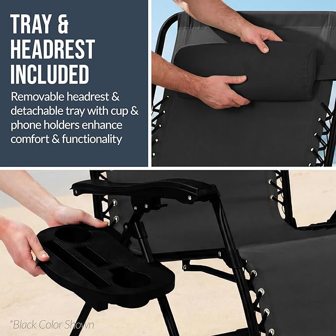 Best Choice Products Set of 2 Extra Wide Adjustable Steel Mesh Zero Gravity Lounge Chair Recliners w/Pillows and Cup Holder Trays - Black Stripes