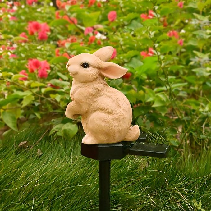 Bunny Garden Ornaments Rabbit Solar Decor Outdoor Statue Lawn Yard Decorations Outside Animal Stake Waterproof Patio Cute Brown Hare Figurines Gifts Idea