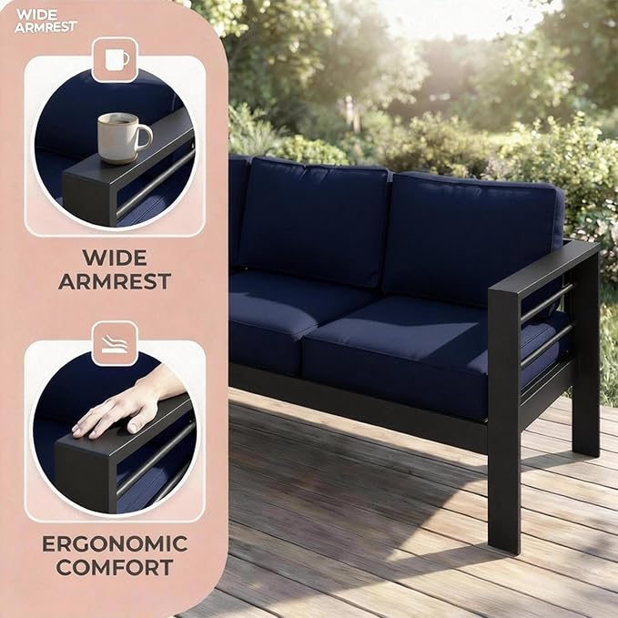 Kiss the Water Outdoor Couch Aluminum Patio Furniture Sofa, 3 Seat All-Weather Metal Patio Couch with 5" Thick and Soft Cushion and Wide Arm, Outdoor Sofa for Balcony, Porch