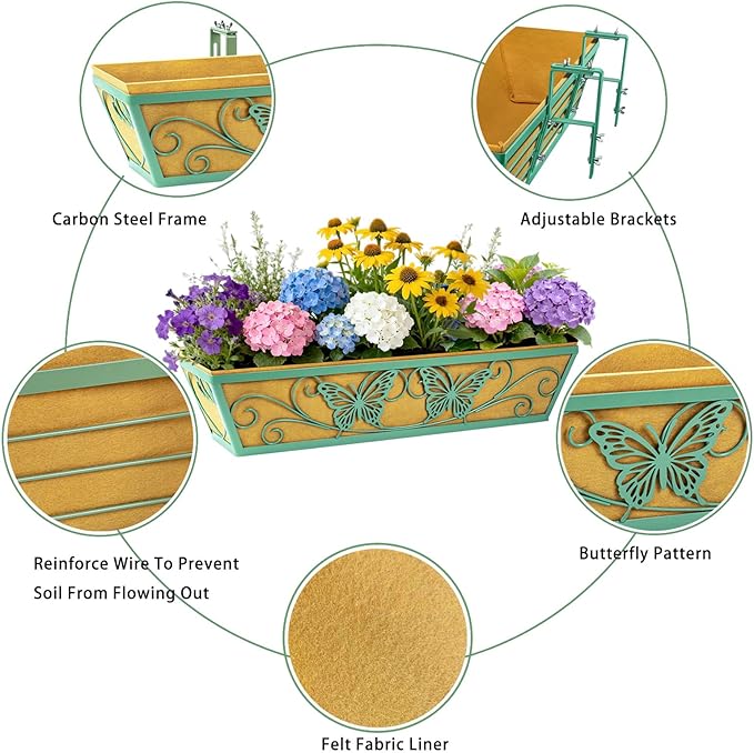 4 Pack 24 Inch Window Boxes Planter Railing Planters Box with Adjustable Brackets for Porch Deck Balcony Hanging Butterfly Decorative Flower Baskets & Non-Woven Fabric Liner for Outdoor Plants - Green