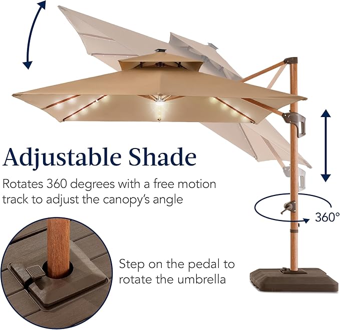 Best Choice Products 10ft Square Cantilever Patio Umbrella w/Base Included, Woodgrain Pattern Pole & Solar LED Lights, 360-Rotation, Offset Hanging Outdoor Shade - Tan