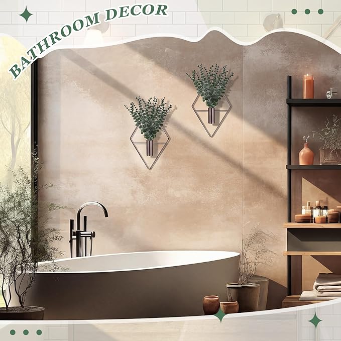 Jexine 4 Pcs Hanging Planters with Artificial Eucalyptus Metal Hanging Vase Indoor Plants Holder Modern Geometric Boho Bathroom Wall Decor for Living Room Home Office, Bronze