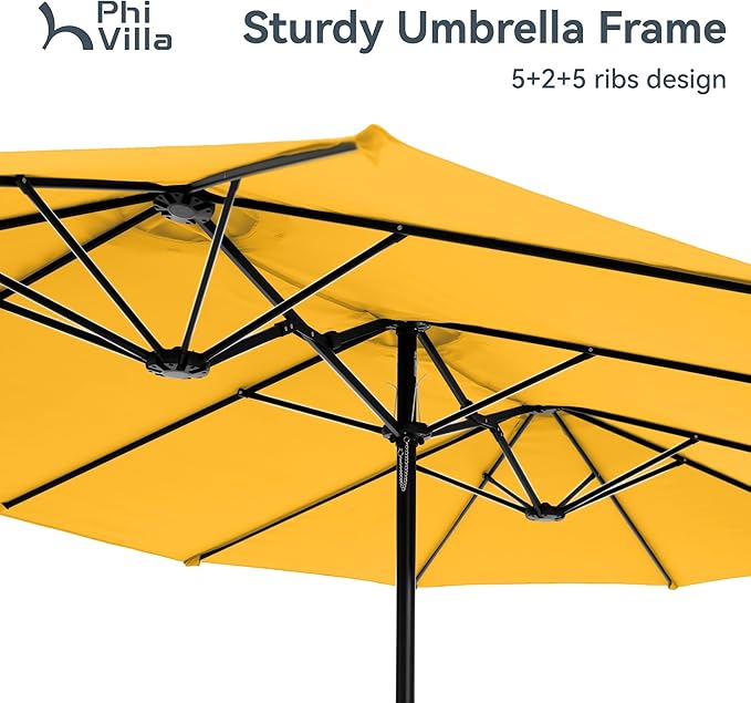 PHI VILLA 15ft Large Patio Umbrellas with Base Included, Outdoor Double-Sided Rectangle Market Umbrella with Stand, Outside Umbrellas for Poolside Lawn Garden, Golden Yellow