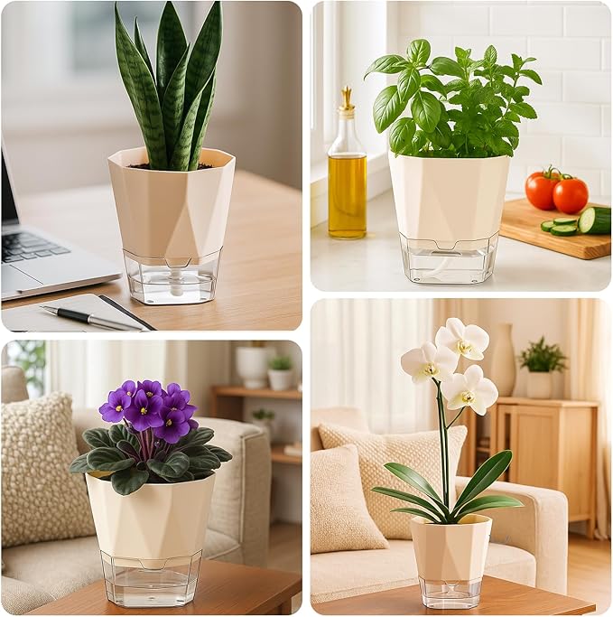 2 Pack Self Watering Pots for Indoor Plants, 8.4" Self Watering Planters Large African Violet Self Watering Clear Pots for Plants Large Herb Orchid Flower Houseplant, Ivory White