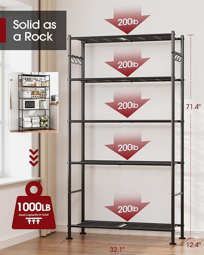 Storage Shelves - 5-Tier Large Capacity Shelf Organizer with Hooks, Heavy-Duty Garage Shelving with Leveling Feet, Wobble-Free Rack for Bedroom, Balcony, Garage, 32.1"×12.4"×71.4", Black