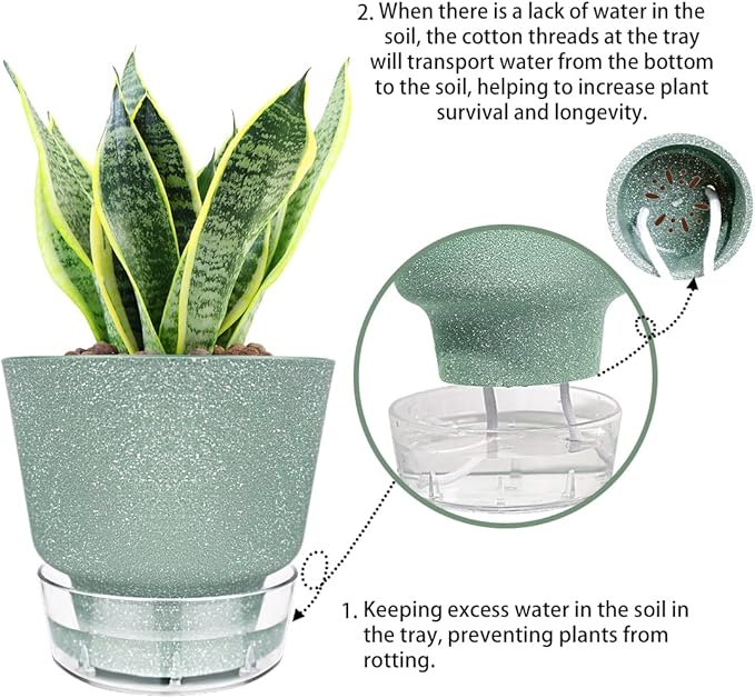 6-Inch Self-Watering Plant Pot with Visual Reservoir and Drainage Hole, Set of 5, Plastic Flower Pots, Planting Pot for Indoor Outdoor Plants (Frosted Mixed Color)