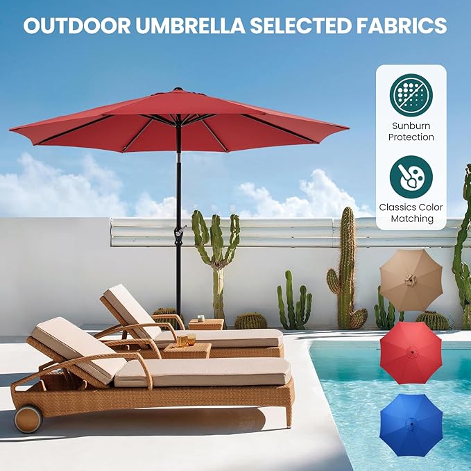 OLIXIS 9ft Patio Umbrella with Tilt and Crank Button & 8 Sturdy Ribs Waterproof, Patio Table Umbrella Perfect for Poolside, Terrace, Beach and Outdoor Restaurant, Red
