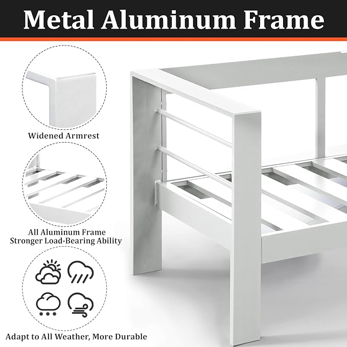 Kiss the Water Outdoor Patio Furniture Loveseat Sofa, All-Weather Metal Aluminum Patio Couch with 5" Thick and Soft Cushion and Wide Arm, Outdoor Couch for Balcony, Porch, Backyard