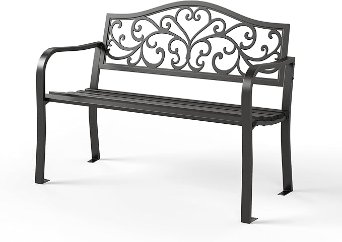 Sophia & William Outdoor Bench, Metal Garden Bench, Cast Iron Park Benches for Outside with Floral Design Backrest, Black