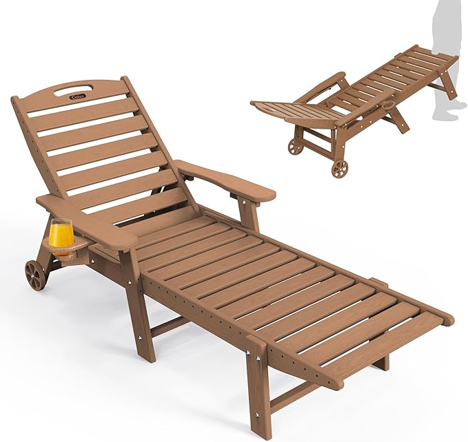 Ciokea Lounge Chair Outdoor, Oversized Chaise Lounge Chair with 5 Positions, HDPE, Patio Lounge Chair with Wheels & Cup Holder for Pool, Deck, Poolside, Teak