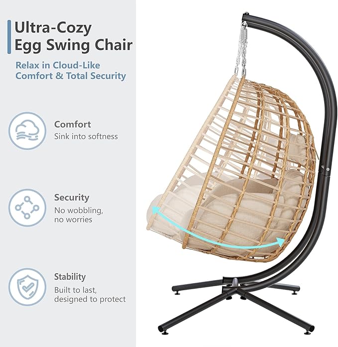 SWITTE Double Hanging Egg Chair with Stand, Outdoor Patio 2 Person Wicker Hammock Swing Chairs with Cushion Loveseat for Indoor Bedroom, Lawn, Garden-Beige