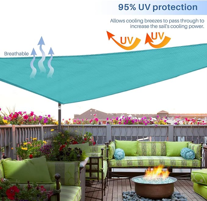 E&K Sunrise 11' x 11' x 11' Sun Shade Sail Triangle Canopy Shade Cover UV Block for Patio Backyard Garden Outdoor (Turquoise)