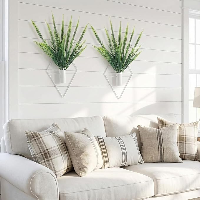 2 Pieces Wall Decor Hanging Planters with Artificial Plants Metal Hanging Vase Indoor Plants Holder Modern Boho Wall Art for Bathroom Bedroom Living Room Decor(White,Boston Fern)