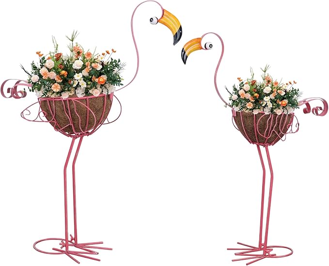 hogardeck Garden Decor for Outside, Set of 2 Pink Flamingo Planters with Basket, Metal Standing Flamingo Plant Pots Yard Art for Home Indoor Outdoor Garden Porch Lawn Patio Pool