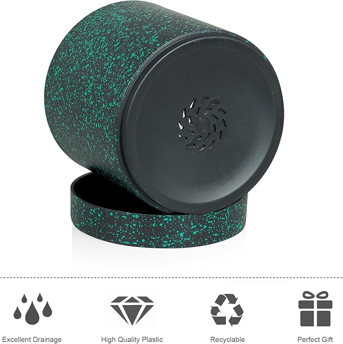 7/6.5/6/5/4 inch Plant Pots, 5 Pack Cylinder Flower Pots for Small Indoor Outdoor Plants, Plastic Planters with Drainage Holes and Saucer for Garden Succulent Plants, Black With Green Speckles