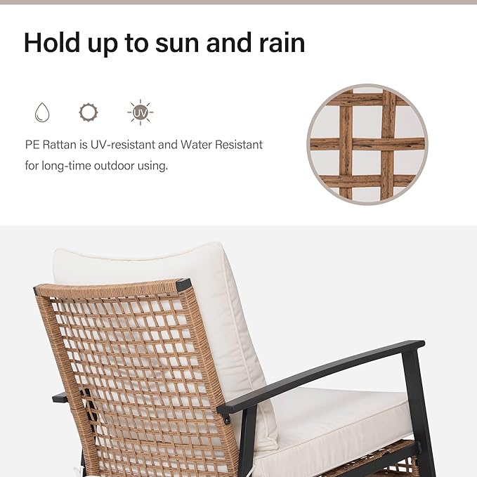 LAUSAINT HOME 3-Piece Rocking Bistro Set, Outdoor Patio Furniture with Thick Cushions and 2-Tier Coffee Table, Oversize Rattan Conversation Set for Garden, Balcony, Backyard (Beige)