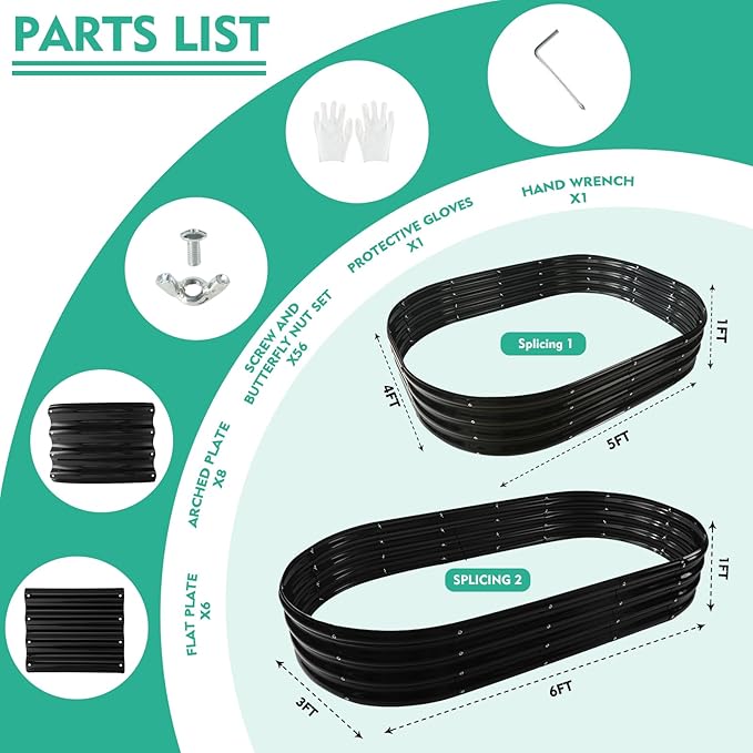 6X3X1 FT Oval Galvanized Metal Garden Raised Bed/Plant Box for Planting,36 Inches Diameter Iron Fire Pit Ring,Small Animal Fence-3 in 1 Modular Design in Black (Black, 72X36X11.5 Inches)