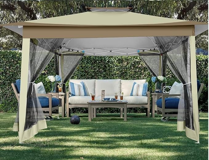 COBIZI 12x12 Pop Up Gazebo On Clearance - Upgrade Easy Up Metal Outdoor Canopy Waterproof - Portable Gazebo with Mosquito Nettings, 4 Ropes 8 Stakes and Carry Bag for Patio Garden(Khaki)