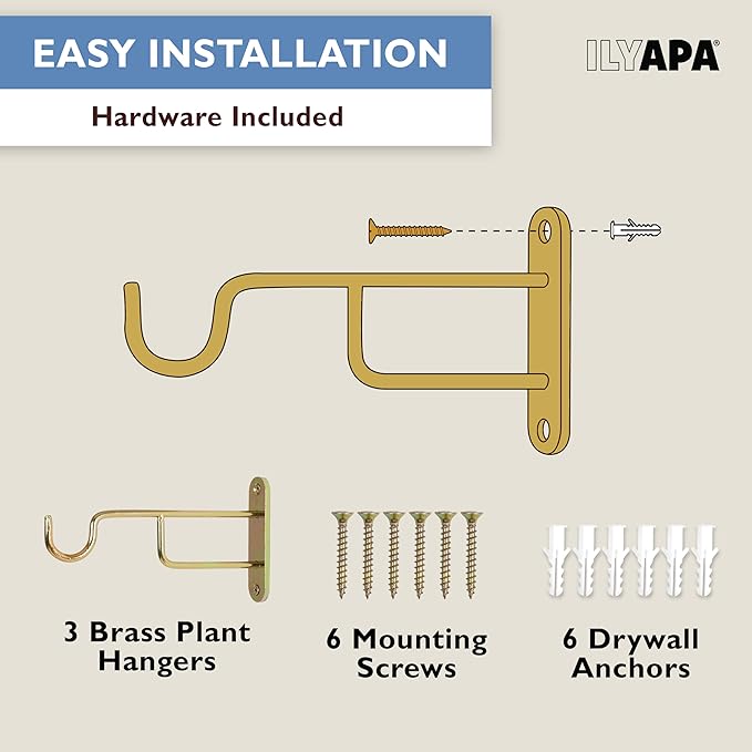 Ilyapa 3 Pack Metal Wall Plant Hangers - 7 Inch Plant Hanger for Indoor - Rustic Brass Finish Hooks for Hanging Plants, Baskets, and Macrame - Indoor Hangers for Plants, Lanterns or Wind Chimes