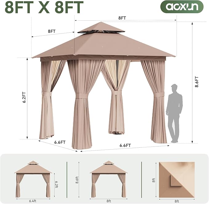 AOXUN Outdoor Gazebo for Patio 8x8 Metal Frame Canopy with Double Roofs Heavy Duty Party Tent and Shelter with Mosquito Netting and Privacy Screen for Backyard, Lawn, Garden, Deck (Khaki)