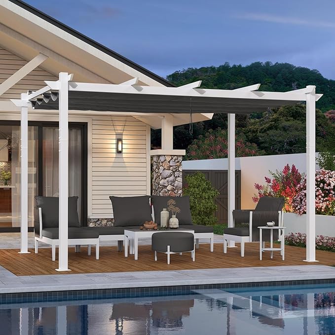 PURPLE LEAF 10' x 13' Aluminum Outdoor Pergola White Wind-Resistant Retractable Pergola with Double Sun Shade Canopy Heavy-Duty Metal Pergola for Patios Backyard Deck Garden, Grey