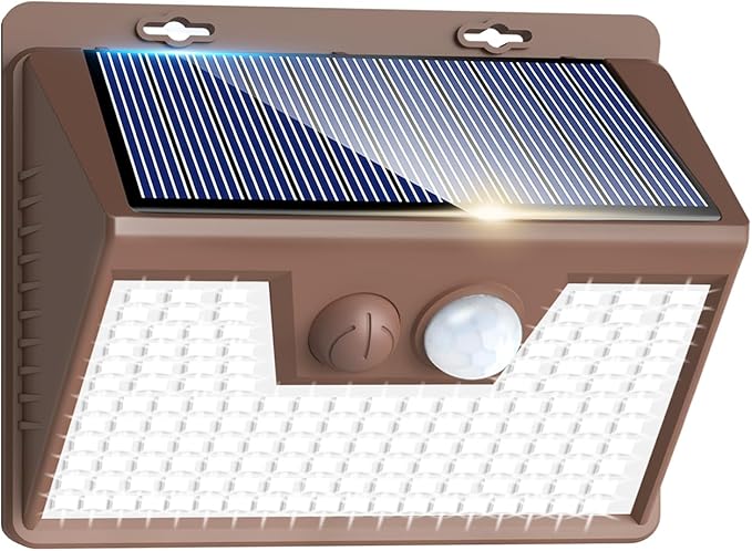 Peasur Solar Lights Outdoor Motion Sensor [1 Pack/140LED/Brown], Ultra-Bright 3 Mode Fence Security Light Waterproof, Solar Wall Lighting for Patio Yard Step House Outside