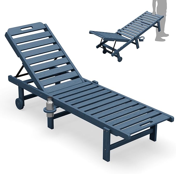 SERWALL Outdoor Chaise Lounge, Patio Chaise Lounge Chair with 5 Positions Adjustable Backrest, HDPE Lounger with Rolling Wheels & Cup Holder for Pool, Navy