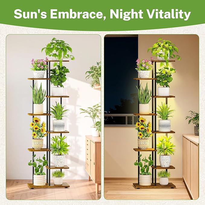 iDavosic.ly 7 Tier Tall Plant Stand Indoor with Light, Tiered Corner Metal Wood Multiple Flower Holder Shelf, 50 Inch Display Grow Rack for Living Room Bedroom, Modern Black & Rustic Brown