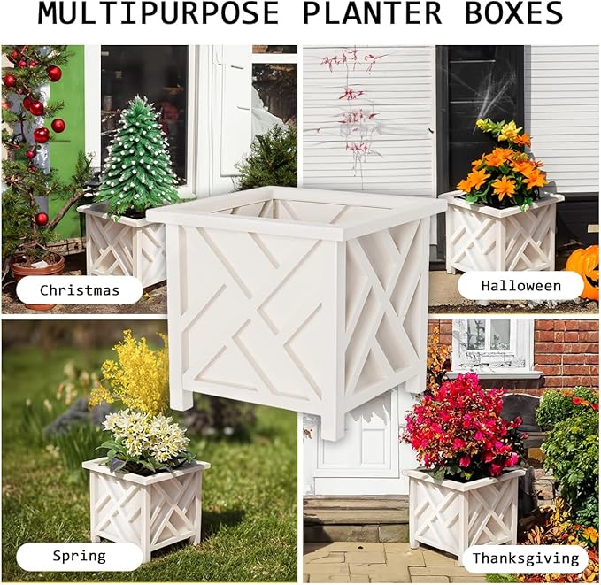 Lattice Design Outdoor Planter Box - 14.75” Square 13” Tall White Plant Pot - Decorative Plant Pots for Front Porch Decor - Flower Pots Outdoor Planters for Porch Patio or Garden Decor by Pure Garden