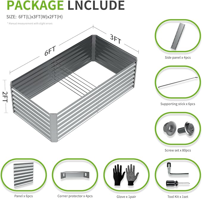 6X3X2ft (1 Pack) Galvanized Raised Garden Bed,Outdoor Courtyard Planter Box Metal Patio Kit Planting Bed for Vegetables Flowers Herb,The material is thickened and not prone to deformation or rust