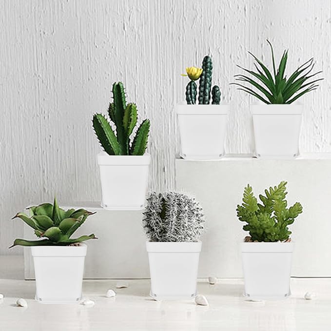 Anyumocz 24Pcs 3" Square Plastic Plant Pots,White Nursery Pots with Saucers,Seedling Nursery Transplanting Planter Container for Plants,Garden,Flower,Home,Office,Balcony Decor,Indoor,Outdoor