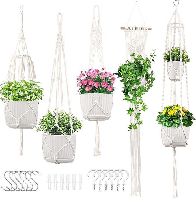 Macrame Plant Hangers, 5Pack Hanging Planters for Indoor Plants w/ 5 Set Hooks Handmade Cotton Rope Hanging Plant Holders Plant Hanger Indoor for Boho Home Decor (Planter Pot Not Included)