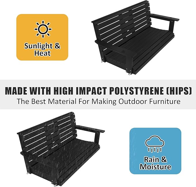 Poly Lumber 3-Seat Porch Swing, HIPS 5-Feet Bench Swing with Foldable Cup Holders,18/8 Stainless Steel Hardware, High Backrest and Deep Contoured Seat, Carbon Black
