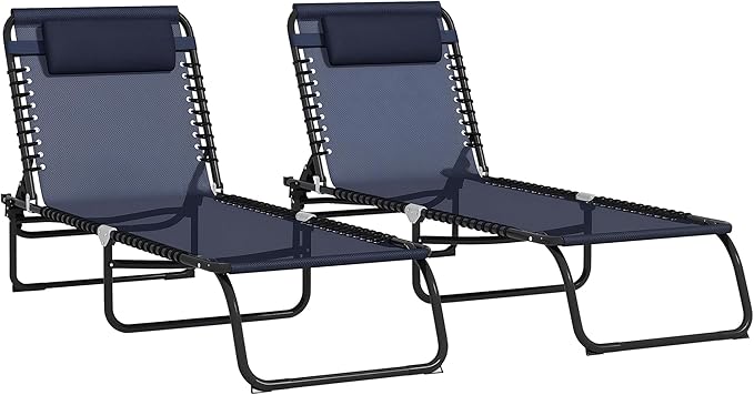 Outsunny Folding Chaise Lounge Chair Set of 2, Patio Sun Tanning Chair, Outdoor Chaise Lounger with 4-Position Reclining Back, Breathable Mesh Seat for Beach, Poolside, Dark Blue